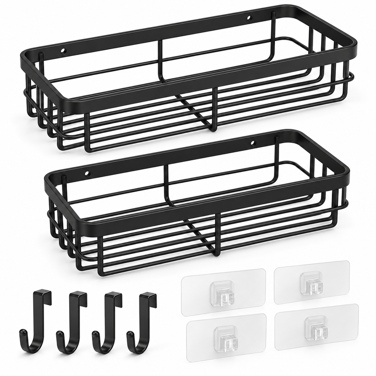 Adhesive Shower Caddy Set, 2 Baskets with Hooks