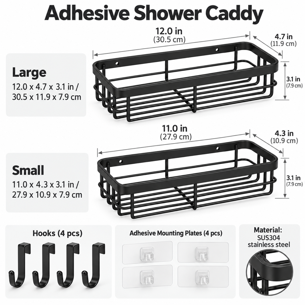 Adhesive Shower Caddy Set, 2 Baskets with Hooks