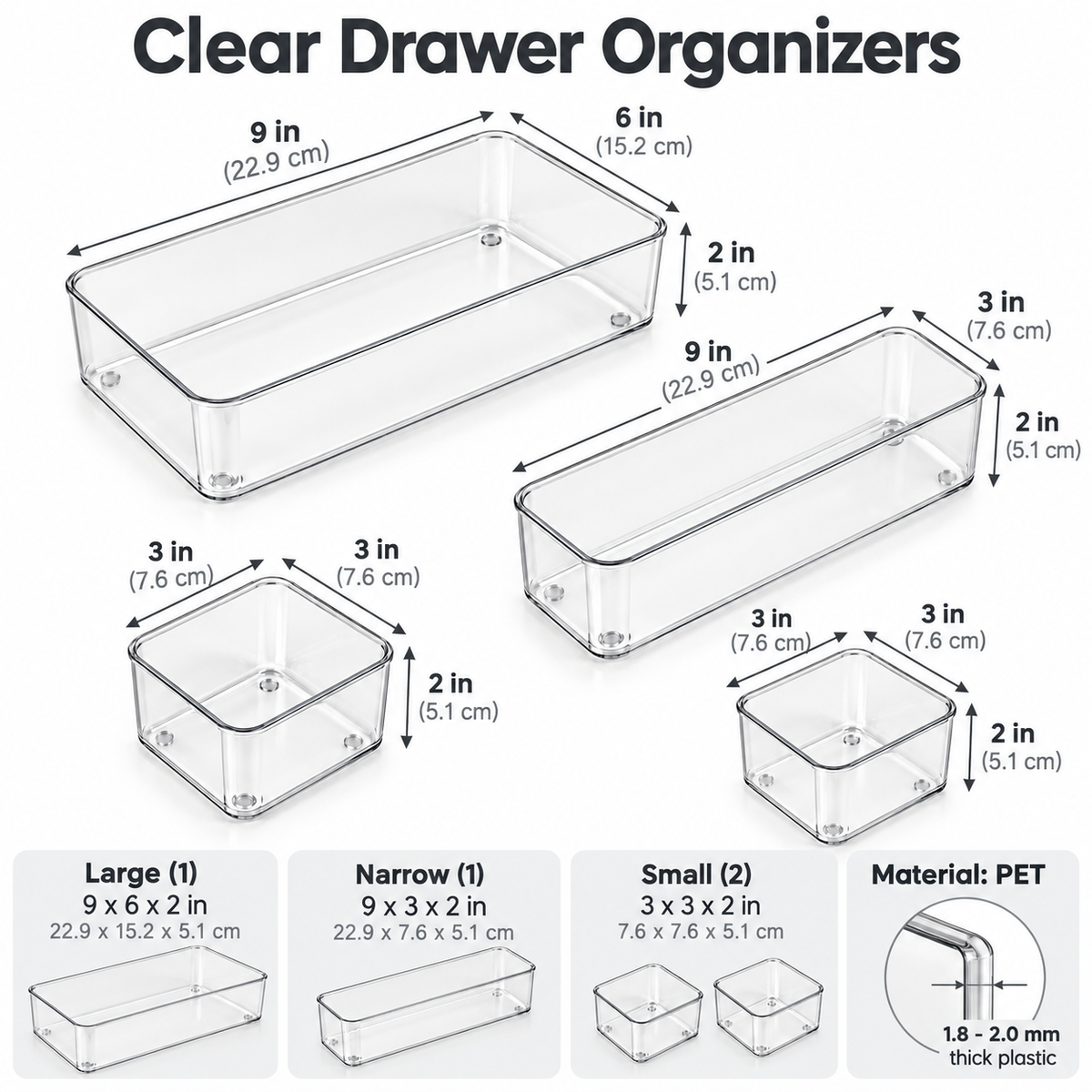 Clear Drawer Organizer Bins, 4-Piece Set