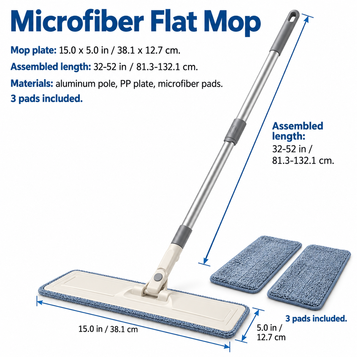 Microfiber Flat Mop with 3 Washable Pads
