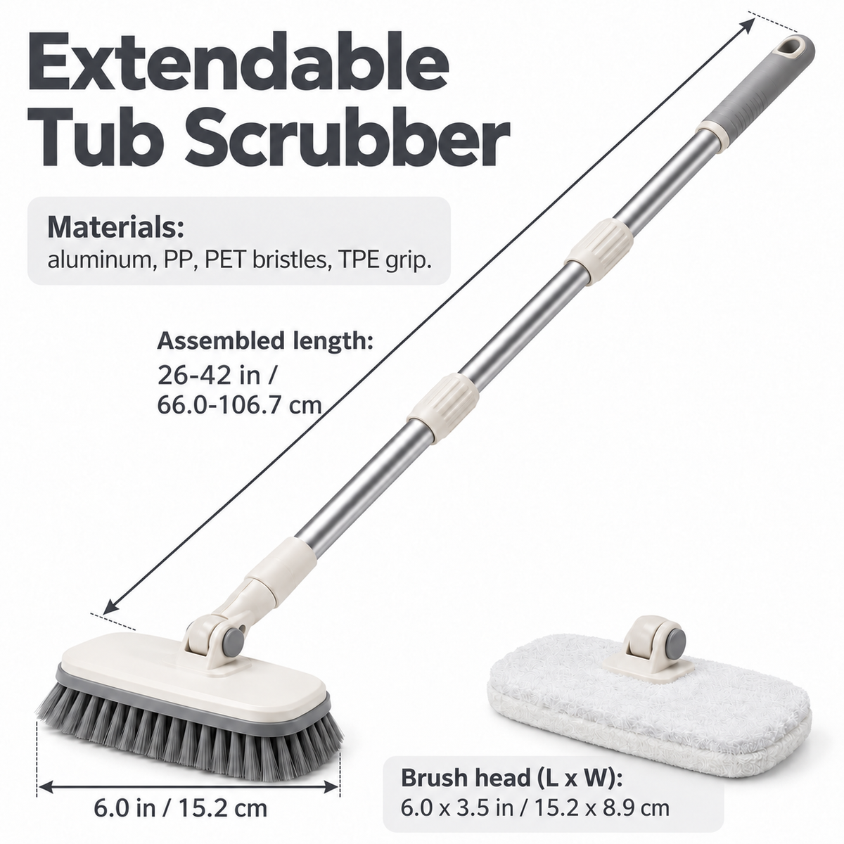 Extendable Tub and Tile Scrubber with Two Cleaning Heads