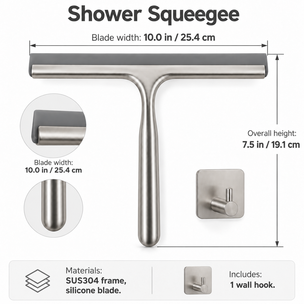 Stainless Steel Shower Squeegee with Wall Hook, 10 in