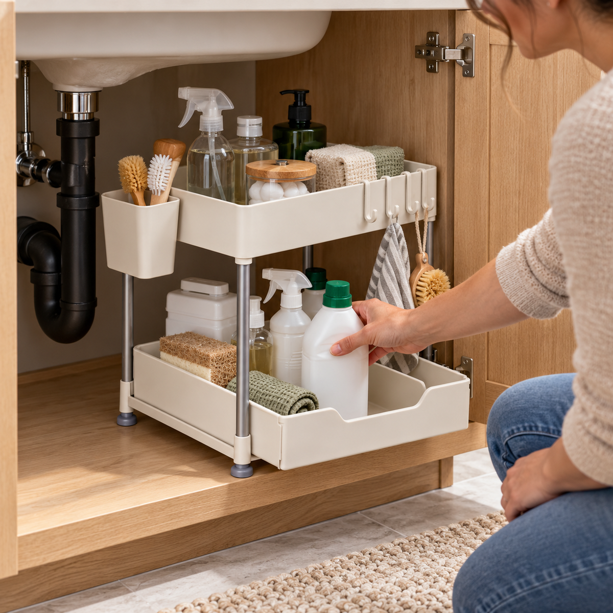 Two-Tier Under-Sink Organizer with Sliding Lower Tray