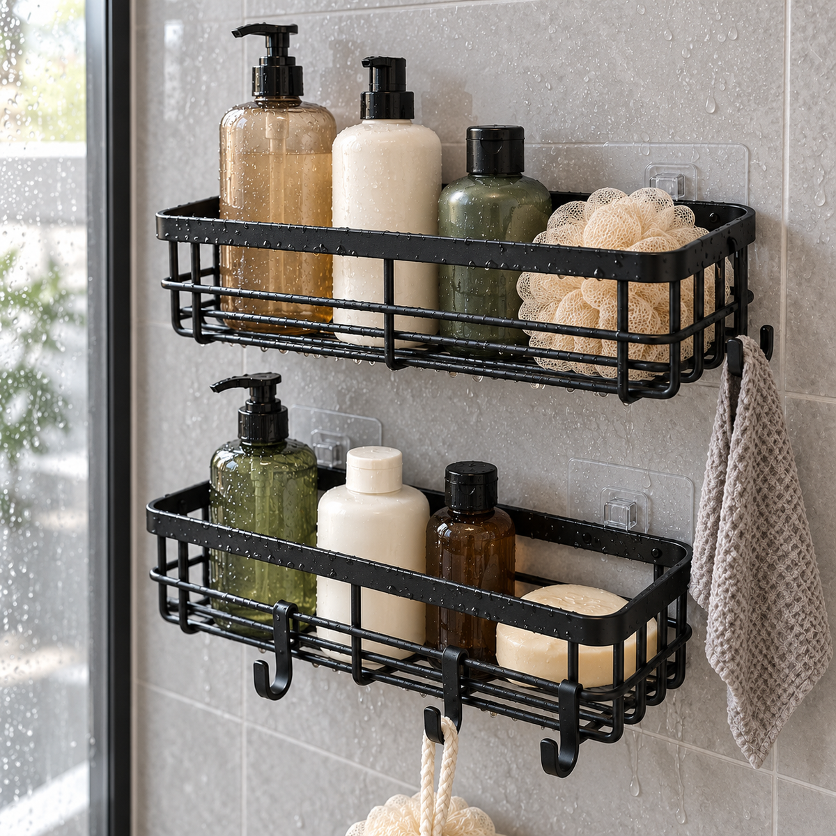 Adhesive Shower Caddy Set, 2 Baskets with Hooks