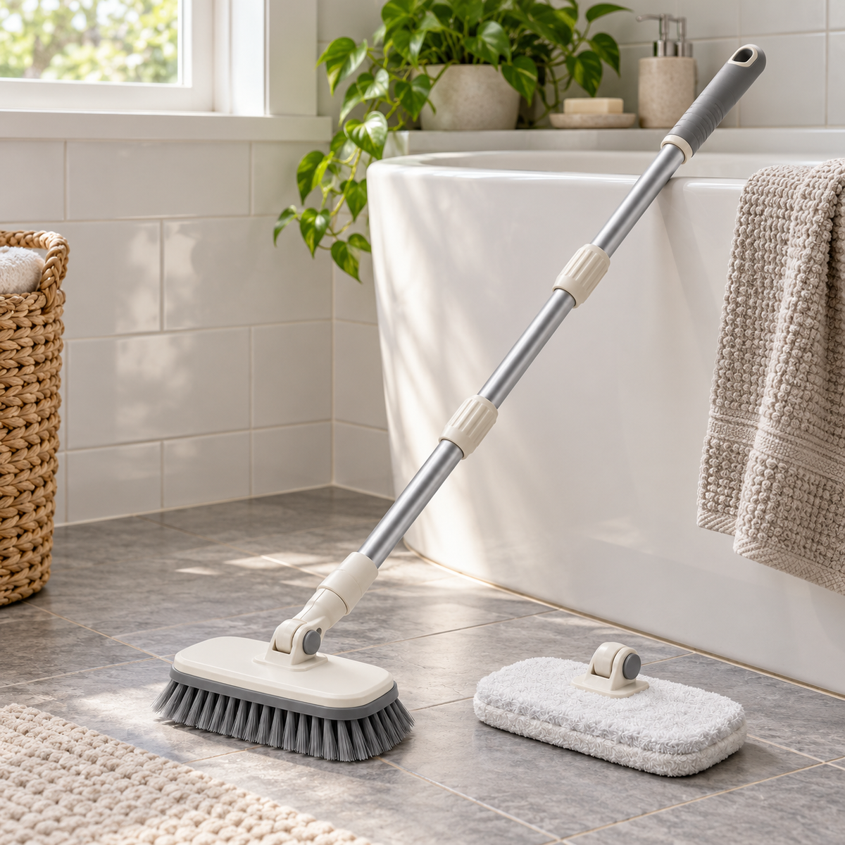 Extendable Tub and Tile Scrubber with Two Cleaning Heads