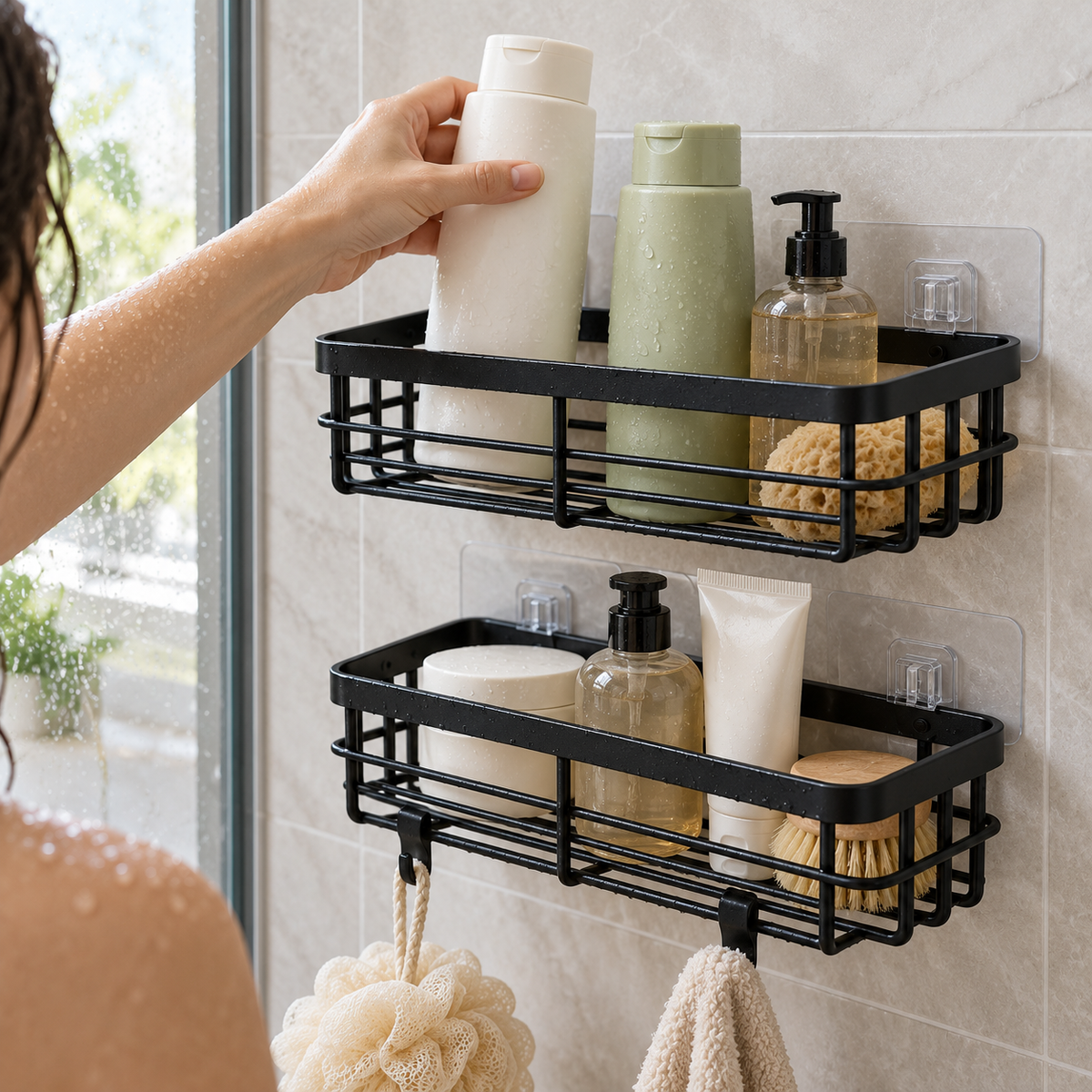 Adhesive Shower Caddy Set, 2 Baskets with Hooks