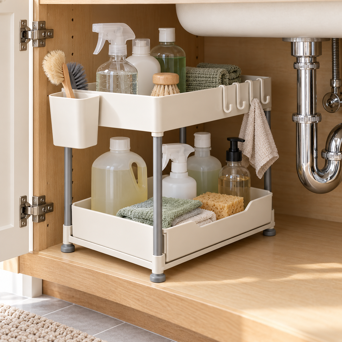 Two-Tier Under-Sink Organizer with Sliding Lower Tray